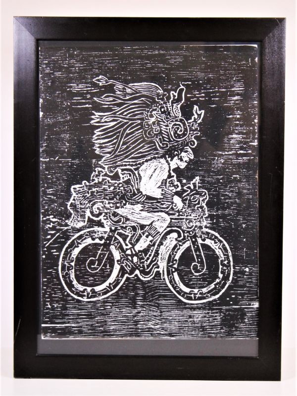Maya God op een motorfiets - Litho Zwart/Zilver